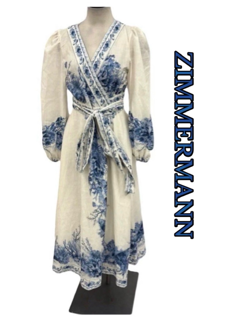 NWT! 🦋 Zimmermann HTF Wanderlust Wrap Dress Linen/Cotton in Blue Cream Size 0